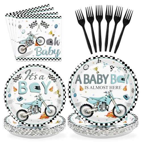 96 Pcs Motorcycle Baby Shower Party Plates and Napkins - Grencian