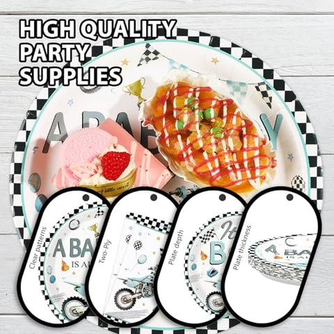 96 Pcs Motorcycle Baby Shower Party Plates and Napkins - Grencian