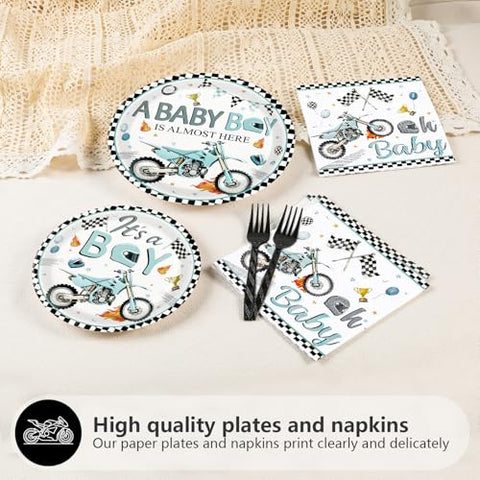 96 Pcs Motorcycle Baby Shower Party Plates and Napkins - Grencian