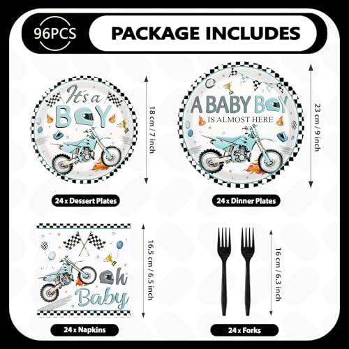 96 Pcs Motorcycle Baby Shower Party Plates and Napkins - Grencian