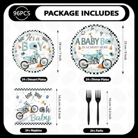 96 Pcs Motorcycle Baby Shower Party Plates and Napkins - Grencian