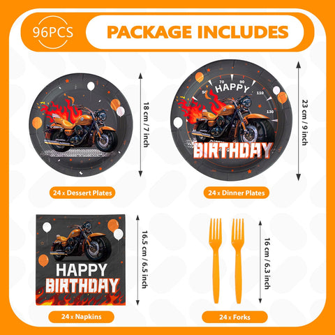 96 Pcs Motorcycle Birthday Party Plates and Napkins - Grencian