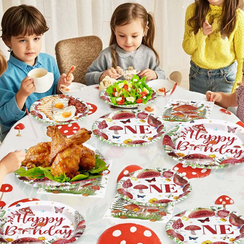 96 Pcs Mushroom Birthday Party Plates and Napkins - Grencian