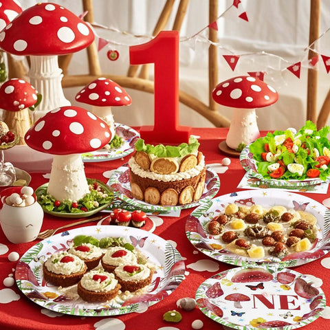 96 Pcs Mushroom Birthday Party Plates and Napkins - Grencian