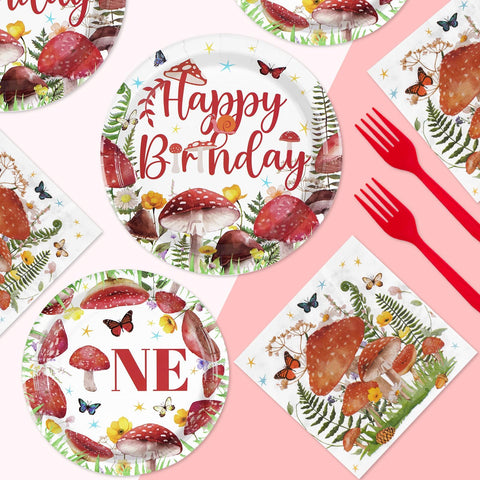 96 Pcs Mushroom Birthday Party Plates and Napkins - Grencian