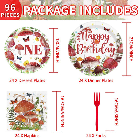 96 Pcs Mushroom Birthday Party Plates and Napkins - Grencian