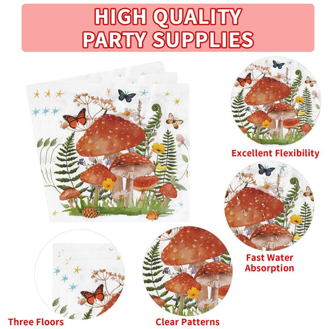 96 Pcs Mushroom Birthday Party Plates and Napkins - Grencian