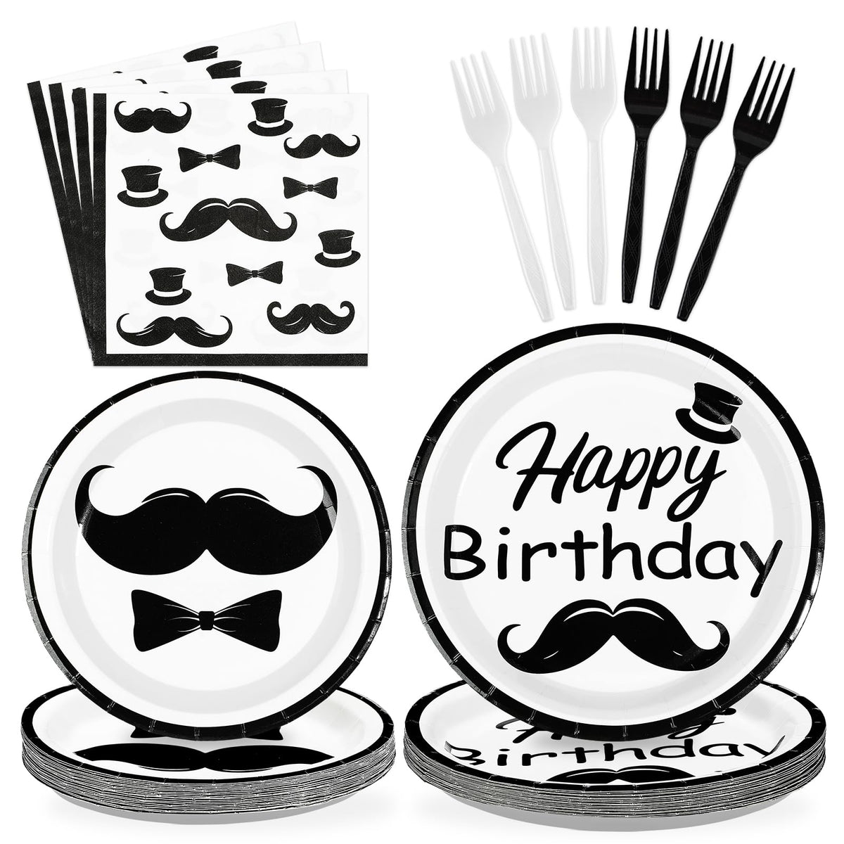 96 Pcs Mustache Birthday Party Plates and Napkins - Grencian