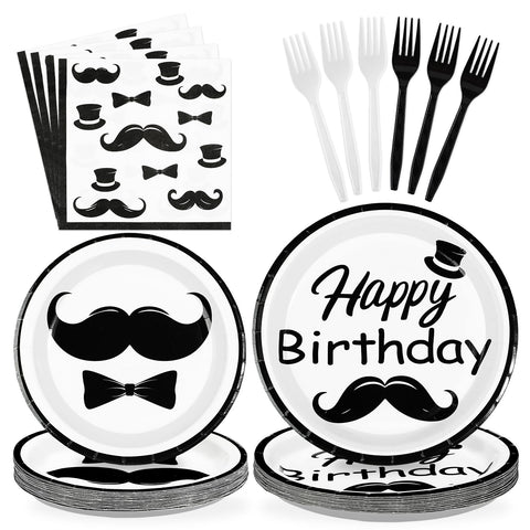 96 Pcs Mustache Birthday Party Plates and Napkins - Grencian
