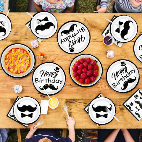 96 Pcs Mustache Birthday Party Plates and Napkins - Grencian