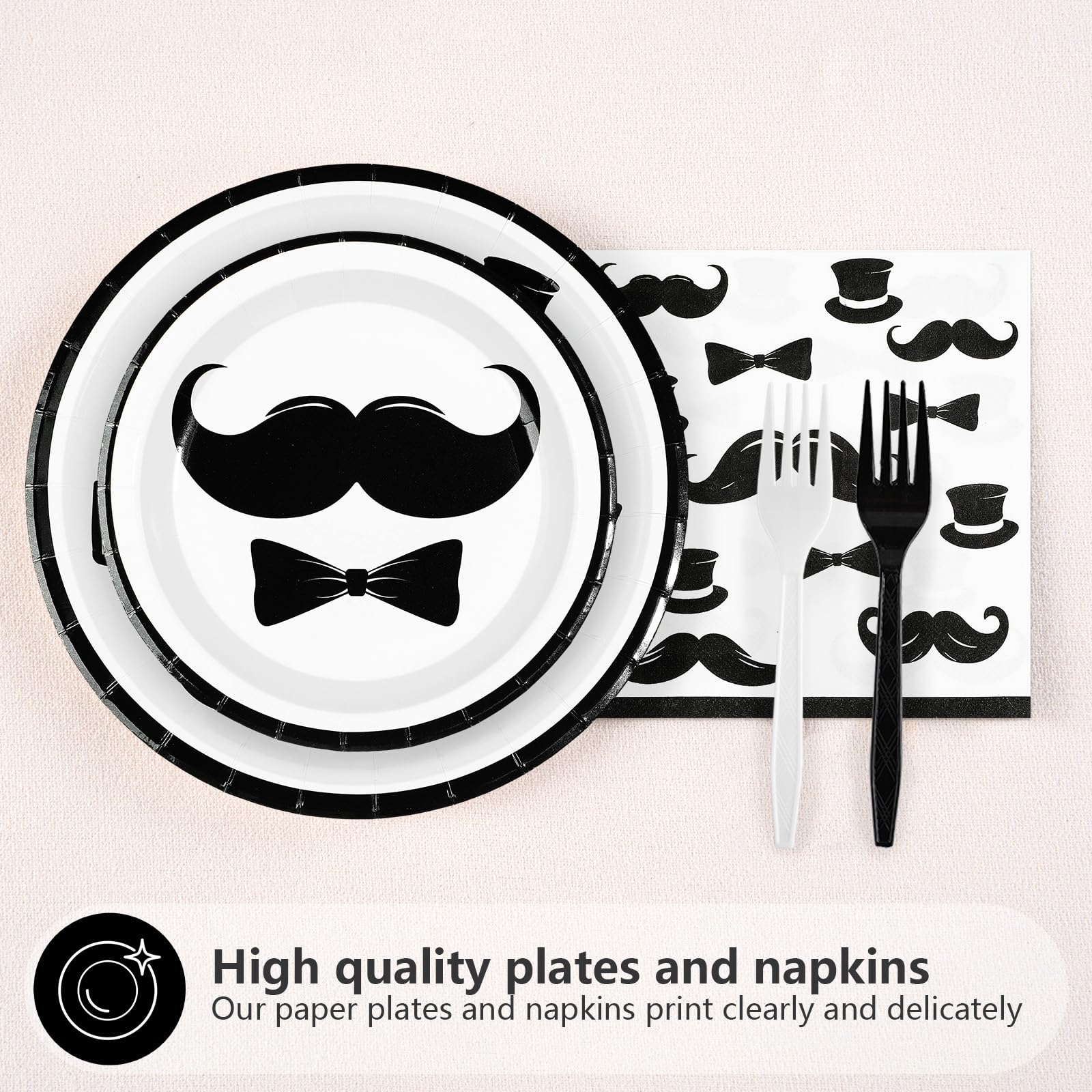 96 Pcs Mustache Birthday Party Plates and Napkins - Grencian