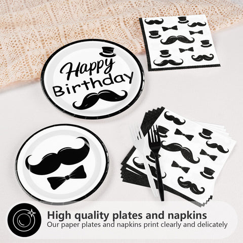 96 Pcs Mustache Birthday Party Plates and Napkins - Grencian