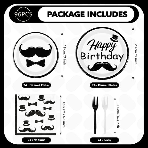 96 Pcs Mustache Birthday Party Plates and Napkins - Grencian