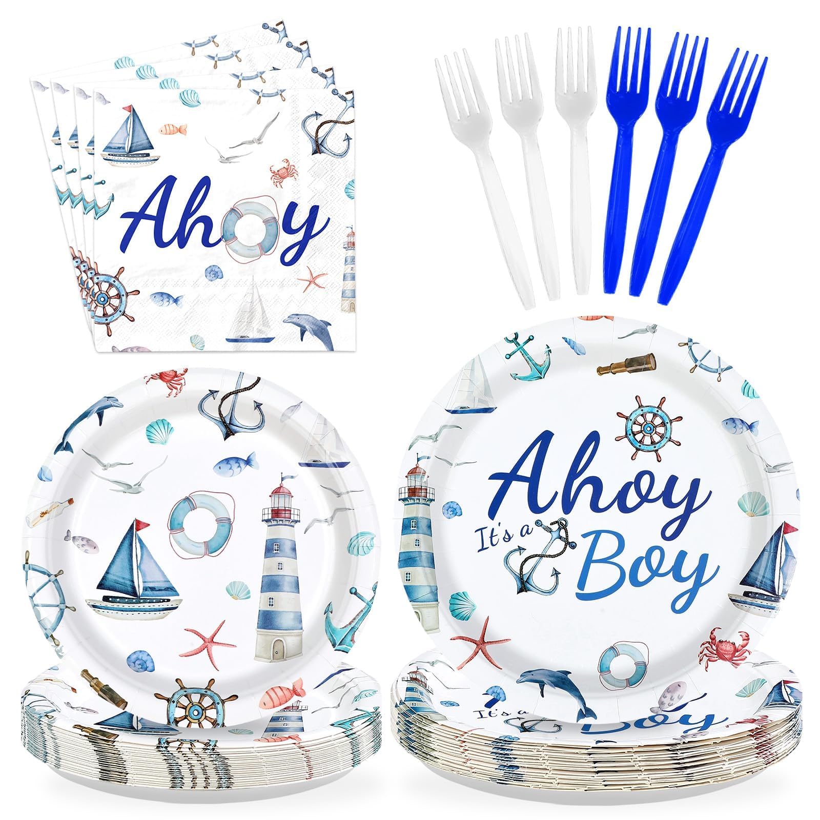 96 Pcs Nautical Baby Shower Party Plates and Napkins - Grencian