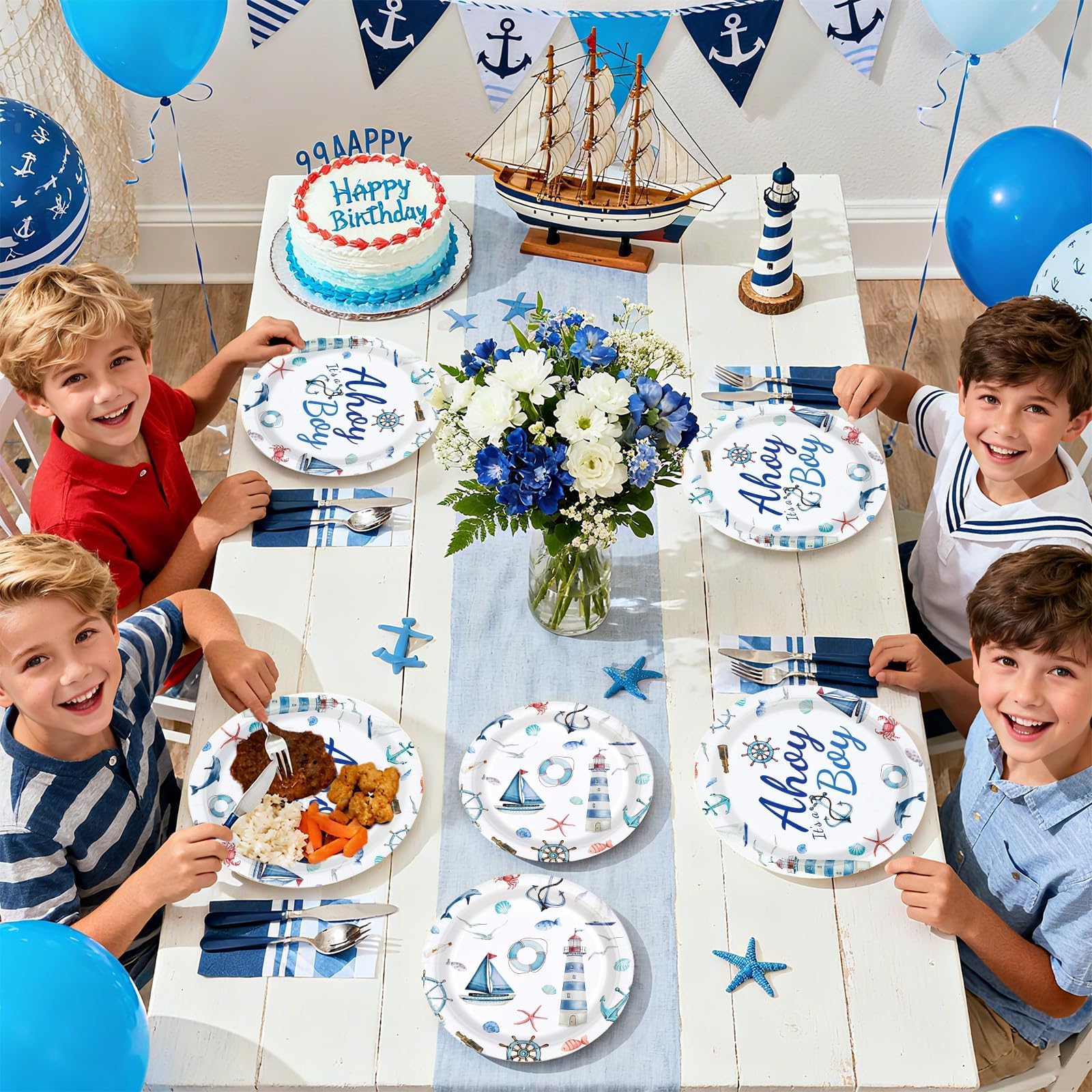 96 Pcs Nautical Baby Shower Party Plates and Napkins - Grencian