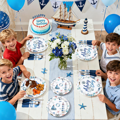 96 Pcs Nautical Baby Shower Party Plates and Napkins - Grencian