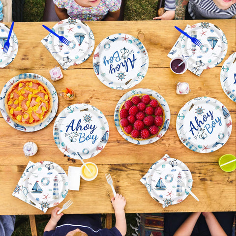 96 Pcs Nautical Baby Shower Party Plates and Napkins - Grencian
