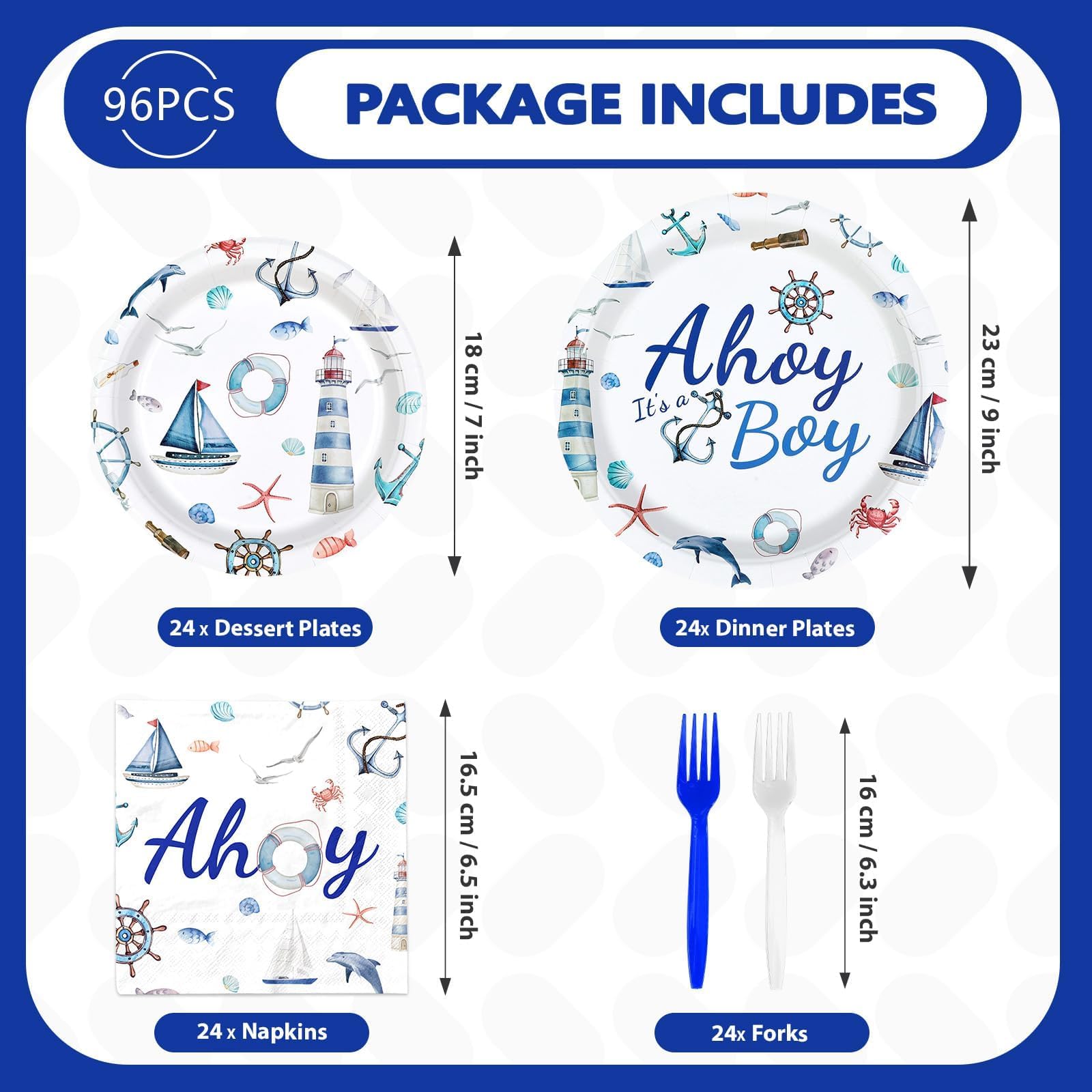 96 Pcs Nautical Baby Shower Party Plates and Napkins - Grencian