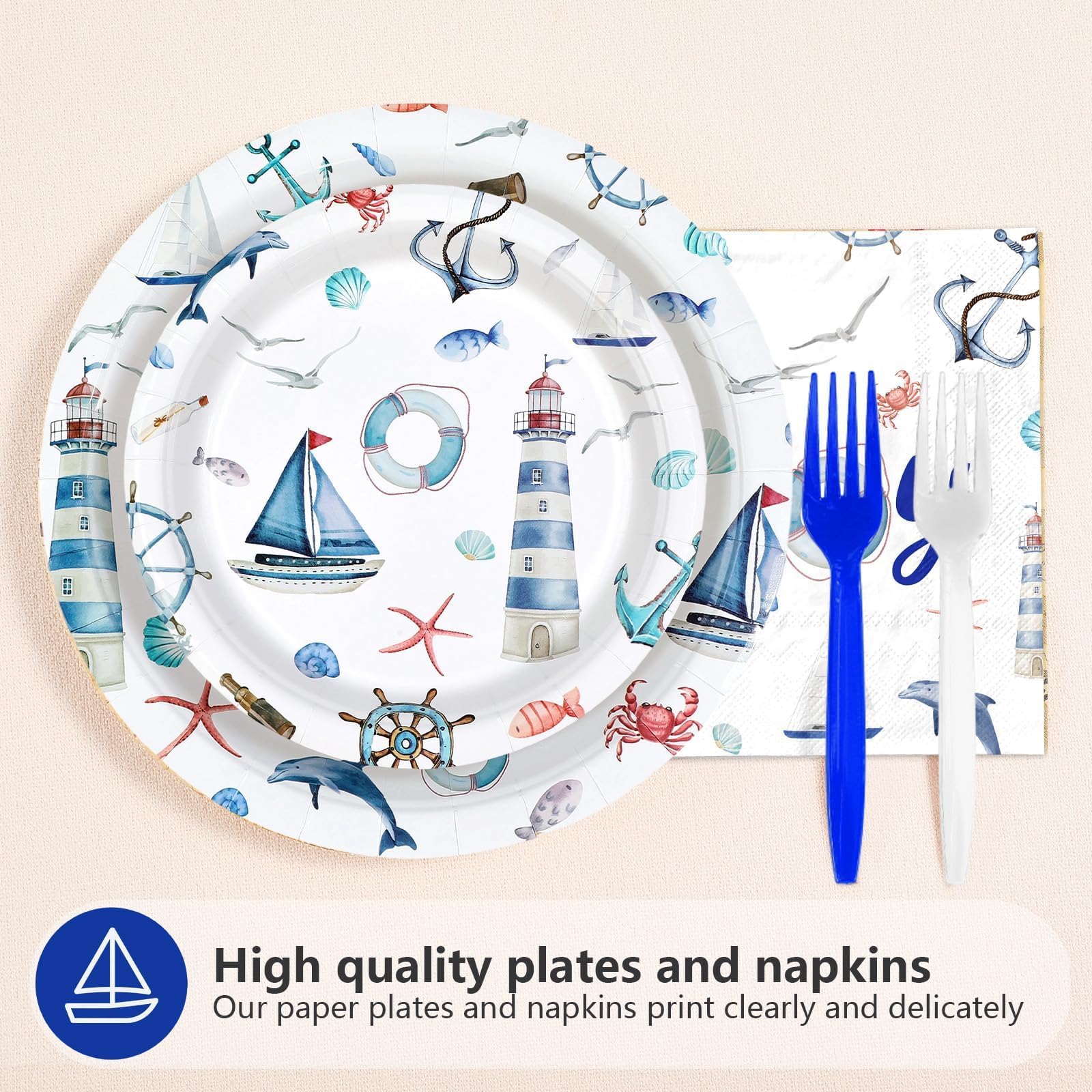 96 Pcs Nautical Baby Shower Party Plates and Napkins - Grencian