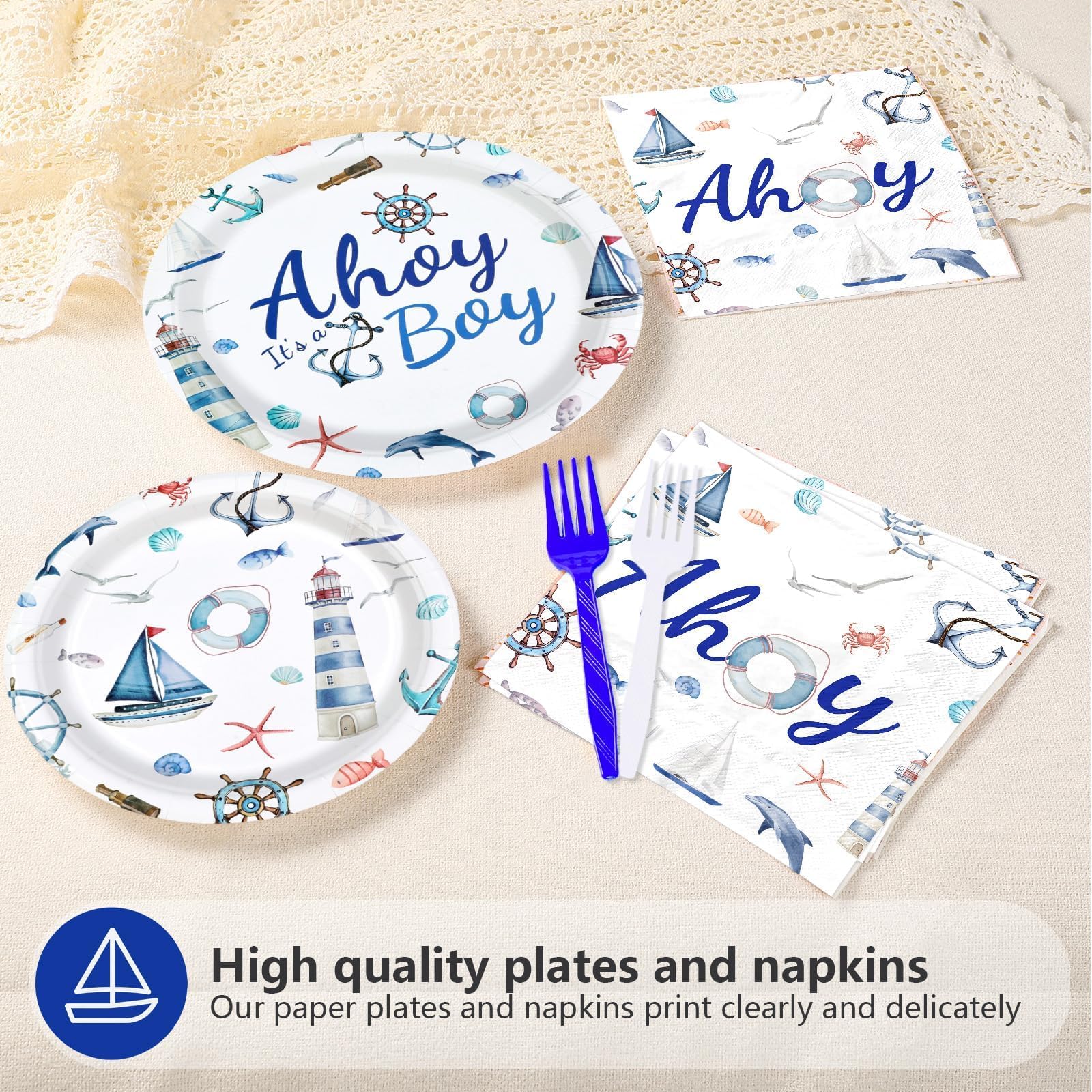 96 Pcs Nautical Baby Shower Party Plates and Napkins - Grencian