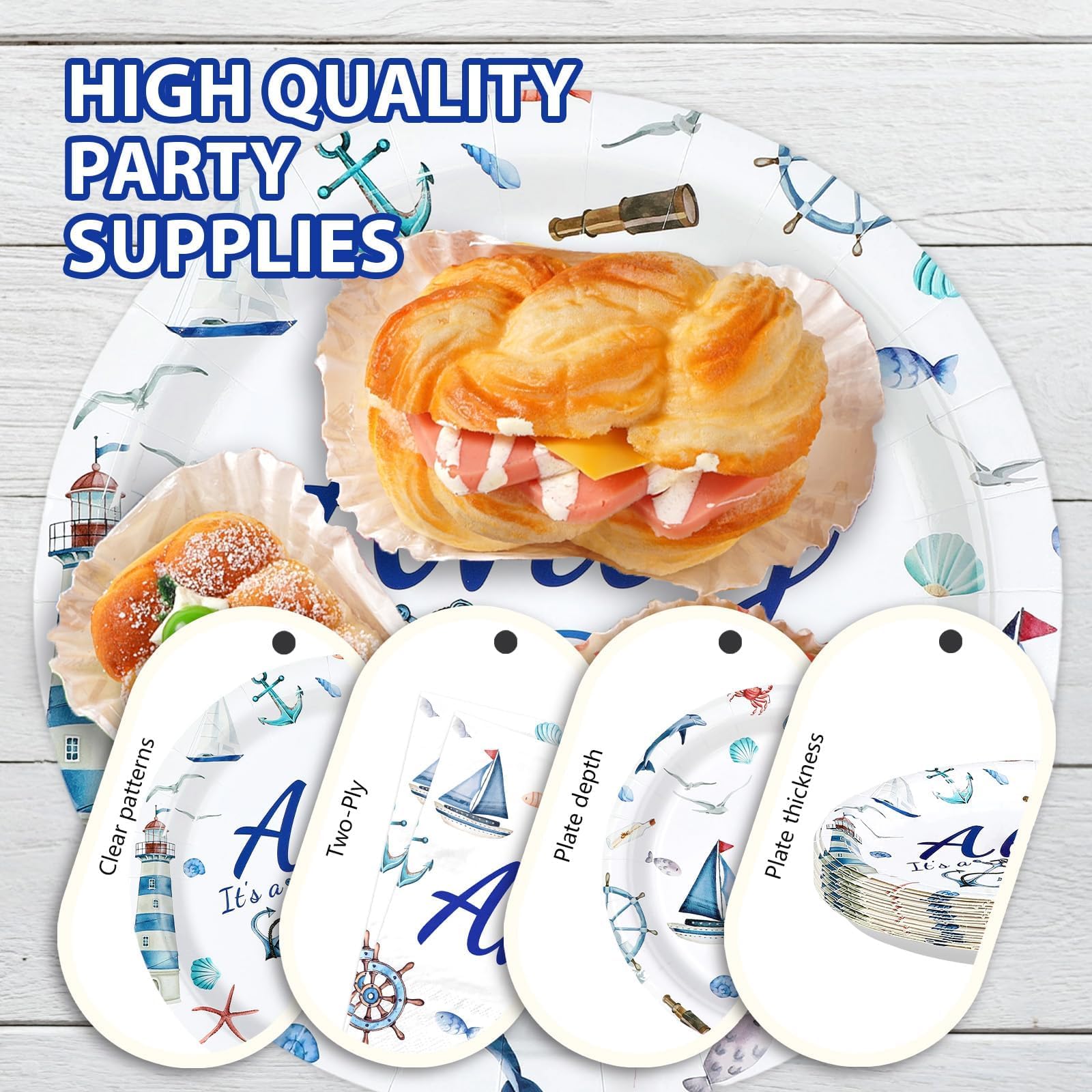 96 Pcs Nautical Baby Shower Party Plates and Napkins - Grencian