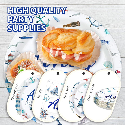 96 Pcs Nautical Baby Shower Party Plates and Napkins - Grencian