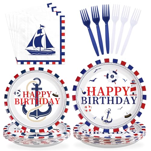 96 Pcs Nautical Birthday Party Plates and Napkins - Grencian