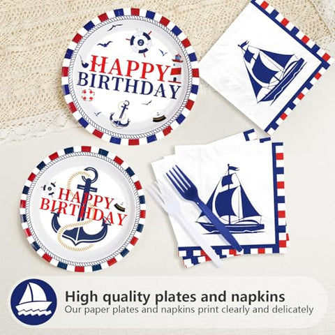 96 Pcs Nautical Birthday Party Plates and Napkins - Grencian
