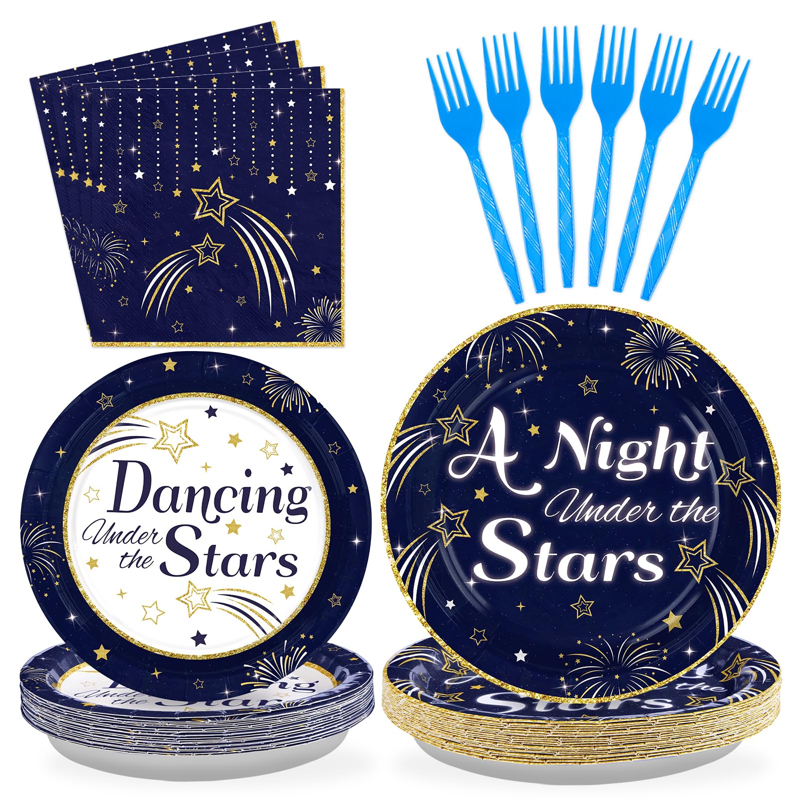 96 Pcs Navy Blue Star Ball Party Plates and Napkins - Grencian
