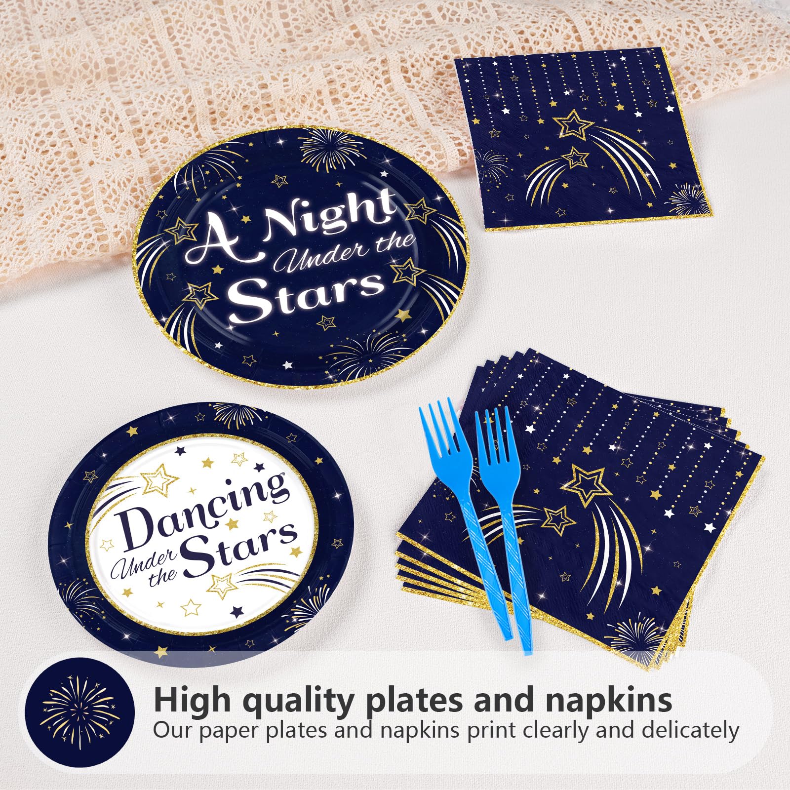 96 Pcs Navy Blue Star Ball Party Plates and Napkins - Grencian
