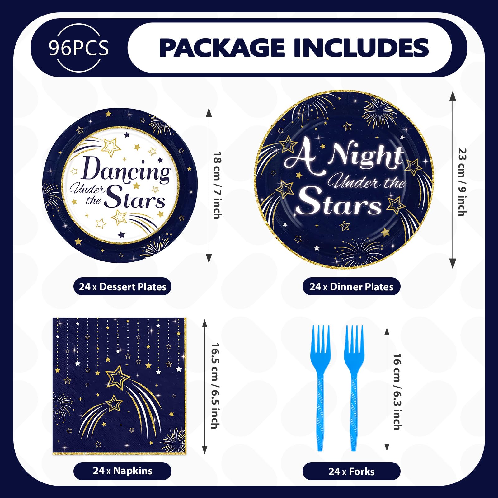 96 Pcs Navy Blue Star Ball Party Plates and Napkins - Grencian