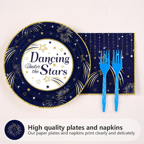 96 Pcs Navy Blue Star Ball Party Plates and Napkins - Grencian