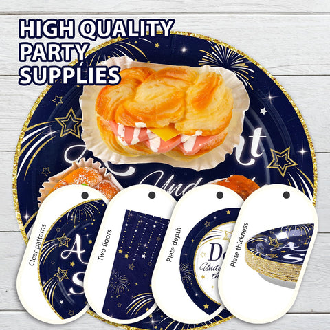 96 Pcs Navy Blue Star Ball Party Plates and Napkins - Grencian