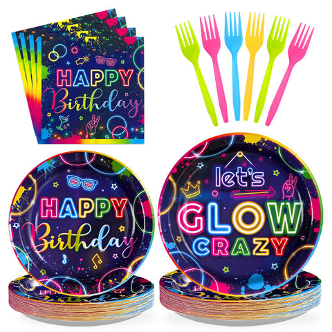 96 Pcs Neon Glow Birthday Party Plates and Napkins - Grencian