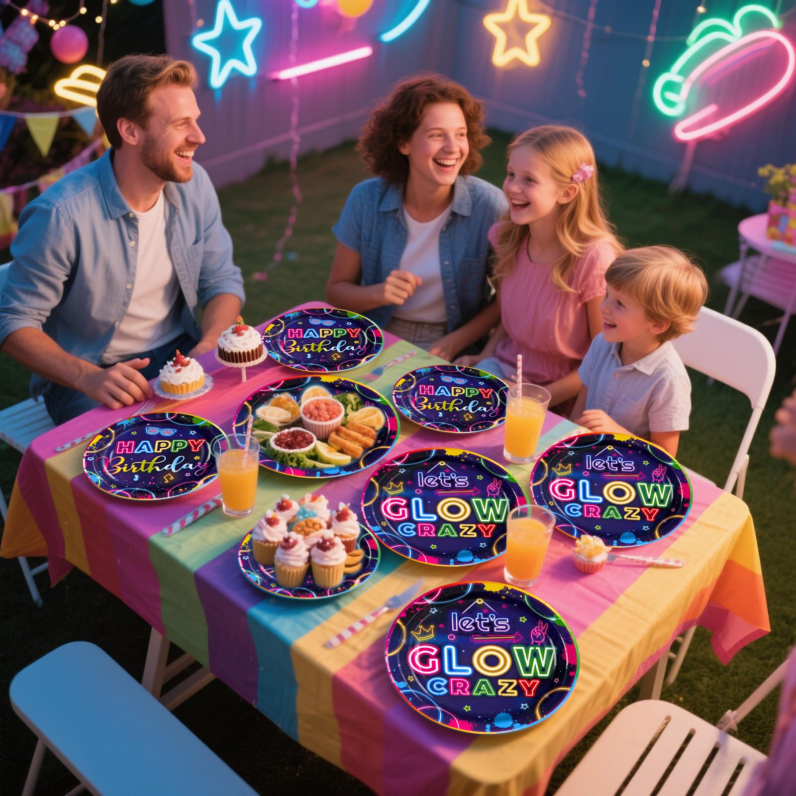 96 Pcs Neon Glow Birthday Party Plates and Napkins - Grencian