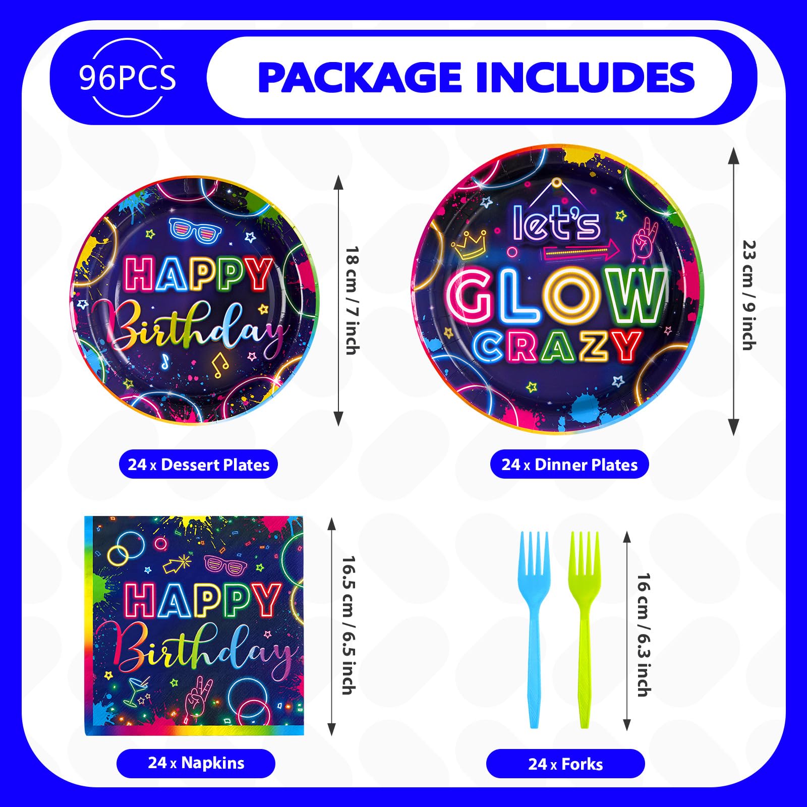 96 Pcs Neon Glow Birthday Party Plates and Napkins - Grencian