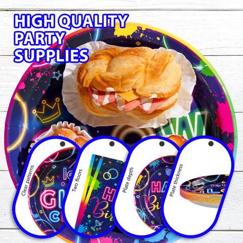 96 Pcs Neon Glow Birthday Party Plates and Napkins - Grencian