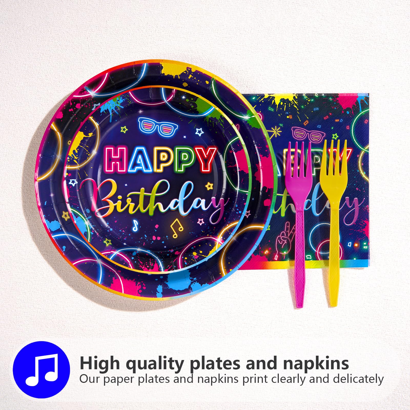 96 Pcs Neon Glow Birthday Party Plates and Napkins - Grencian