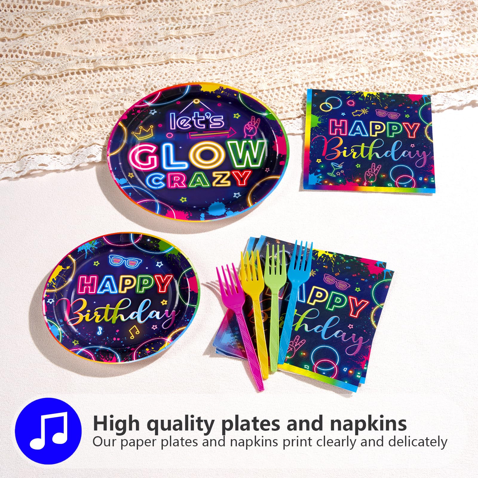 96 Pcs Neon Glow Birthday Party Plates and Napkins - Grencian