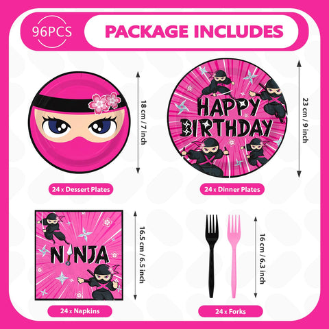 96 Pcs Ninja Girl Birthday Party Plates and Napkins - Grencian