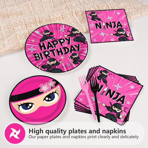 96 Pcs Ninja Girl Birthday Party Plates and Napkins - Grencian