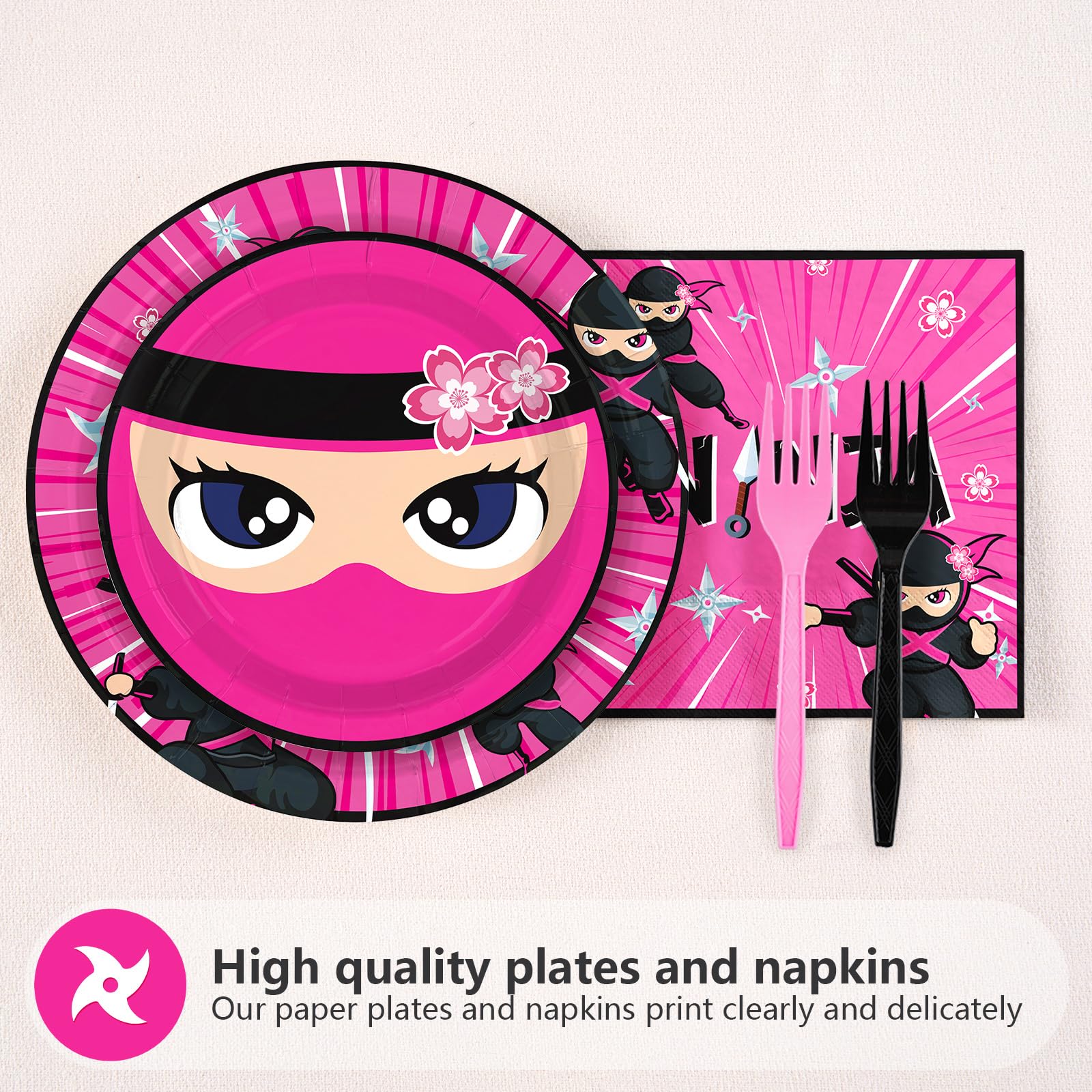 96 Pcs Ninja Girl Birthday Party Plates and Napkins - Grencian