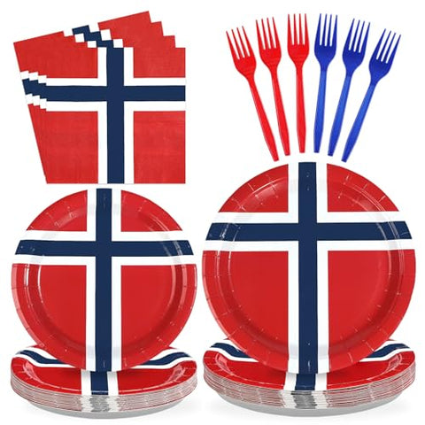 96 Pcs Norway Flag Party Plates and Napkins - Grencian