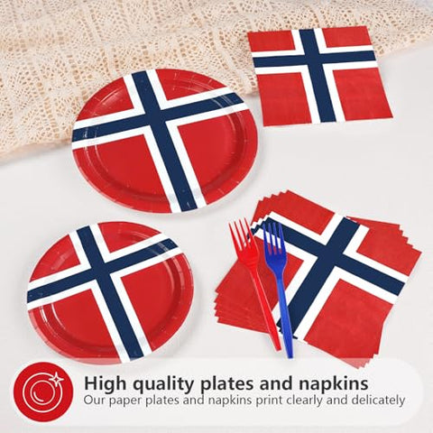 96 Pcs Norway Flag Party Plates and Napkins - Grencian