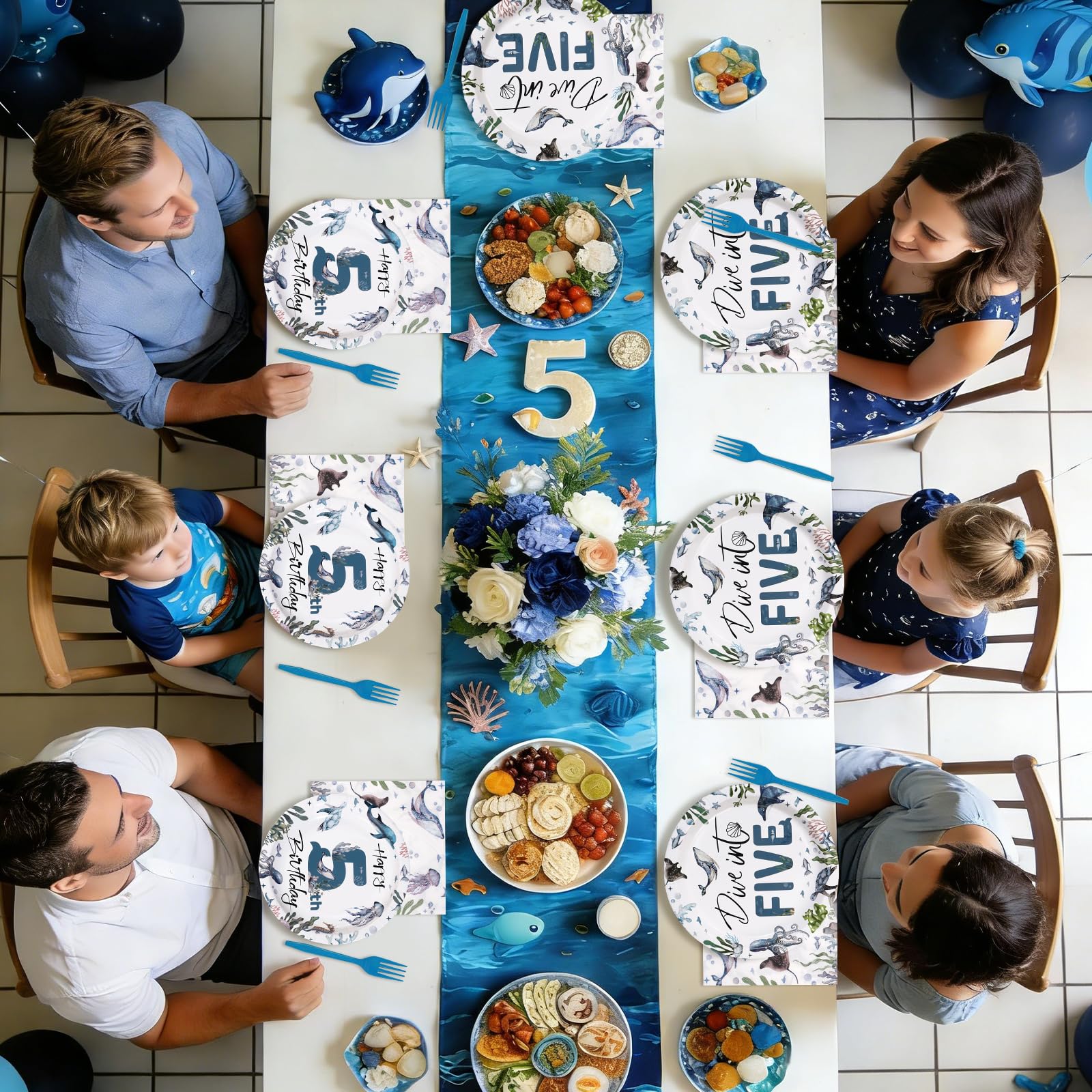 96 Pcs Ocean 5th Birthday Party Plates and Napkins - Grencian