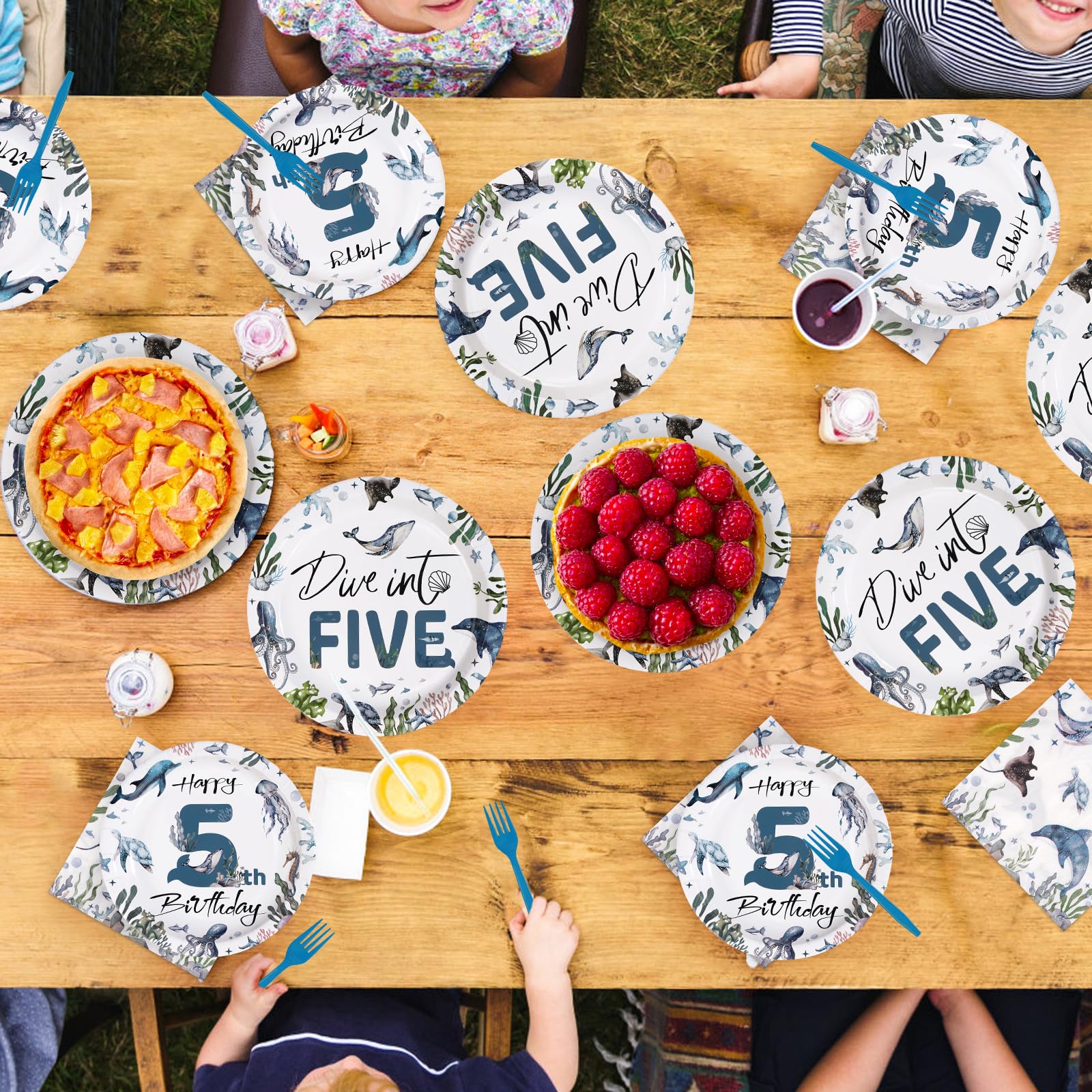 96 Pcs Ocean 5th Birthday Party Plates and Napkins - Grencian