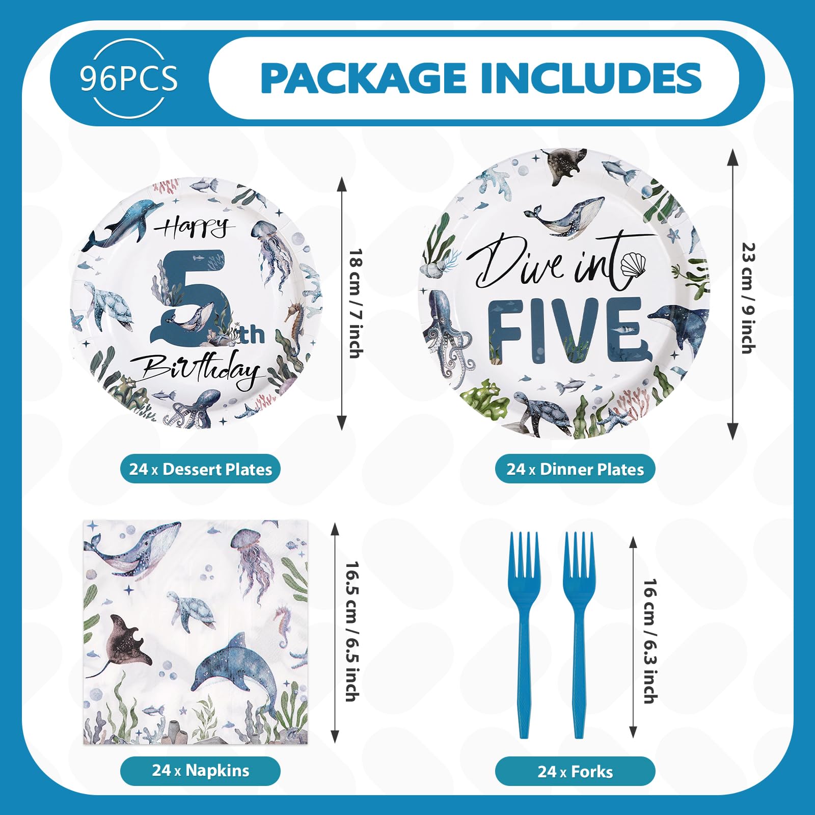 96 Pcs Ocean 5th Birthday Party Plates and Napkins - Grencian
