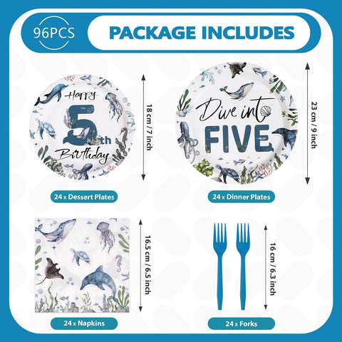 96 Pcs Ocean 5th Birthday Party Plates and Napkins - Grencian