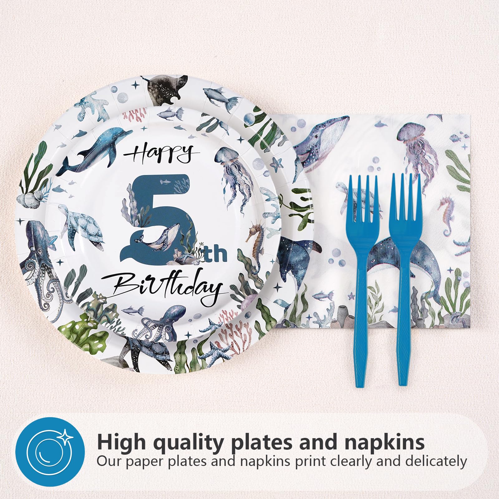 96 Pcs Ocean 5th Birthday Party Plates and Napkins - Grencian
