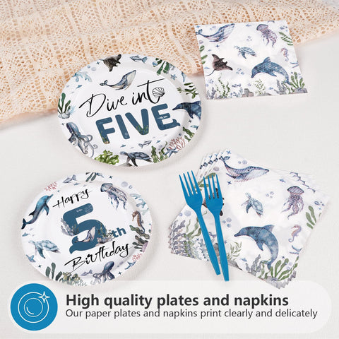 96 Pcs Ocean 5th Birthday Party Plates and Napkins - Grencian